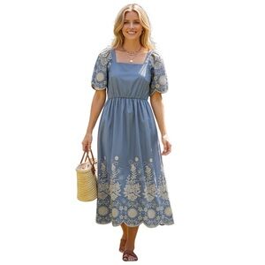 NWT Solitaire Blue Dress with White Embroidery Size Small